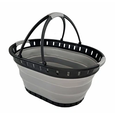 Immagine di SAMMART cesto portabiancheria pieghevole in plastica, 25 l, contenitore pop up, organizer portatile, salvaspazio (nero/grigio lega)