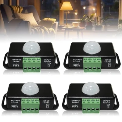 Immagine di 4 rilevatori di movimento a LED, DC 12 V, 24 nero, sensore infrarossi, PIR, interruttore automatico senza fili, per strisce LED