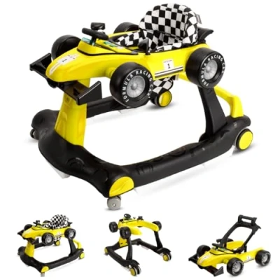 Immagine di Girello bambino 3in1, primi passi Formula Racing, luce and Melodia, da 6 Mesi Fino a 12 kg, Seduta Imbottita, Rimovibile e Regolabile in Altezza (Giallo)