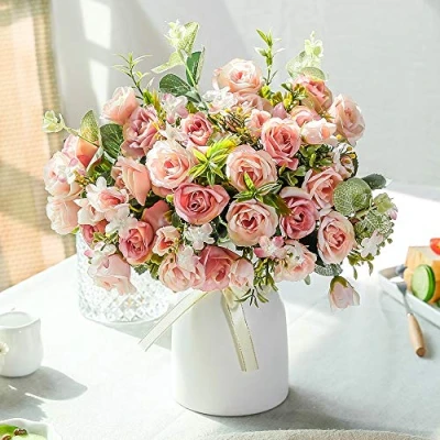 Immagine di LESING Rosa artificiale in seta con vaso fiori finti per matrimoni, bouquet di fiori, casa, ufficio, feste, decorazione da tavola (rosa)