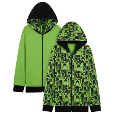 Immagine di MINECRAFT Felpa Bambino con Cappuccio e Zip in Cotone Misto 5 14 Anni Felpe Ragazzo Reversibili Gadget Regali per Gamer (Verde, 11 12 Anni)
