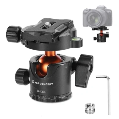 Immagine di K&amp;F Concept Testa per Treppiede sferico con Panoramica Ruotabile di 360, a Sfera KF 28, piastra sgancio rapido da 1/4&quot; e livella bolla, Carico Massimo 10kg, Treppiede, Monopiede, DSLR