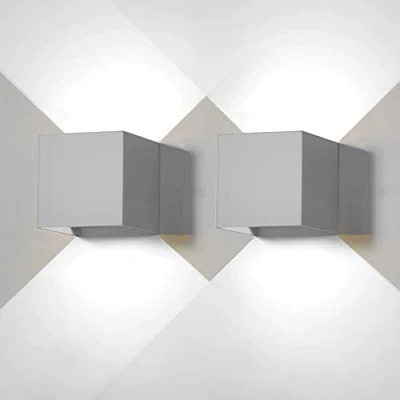 Immagine di 2 Pezzi Applique da Parete Esterno LED Lampada Esterni Interni Moderno Grigio 6W 6500K Luce Freddo IP65 Lampade Muro Impermeabile Quadrata Alluminio su Giù Regolabile Design Facile Installare