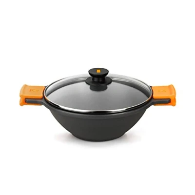 Immagine di BRA Efficient Wok Antiaderente in Alluminio Pressofuso con Coperchio Vetro, Adatto per Piani Cottura a Induzione, Arancio, 32 cm