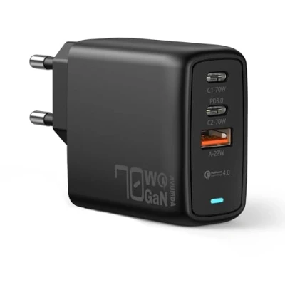 Immagine di AVUMDA caricatore USB C 70W, rapido a 3 porte per MacBook Air Pro iPad Pro, iPhone 15/1413/Pro, Dell XPS, Google Pixel, Galaxy S23/S22/S21, Steam Deck, Caricabatterie con GaN III Tech