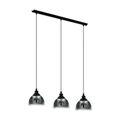 Immagine di Eglo lampada a sospensione Beleser, con 3 luci da tavolo, metallo in nero e vetro fumo trasparente, illuminazione sala pranzo sospensione, attacco E27, 90,5 cm