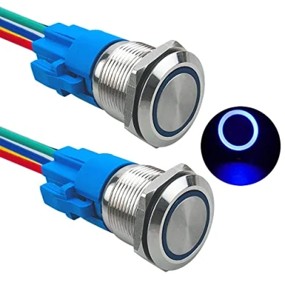 Immagine di Aiqeer 2 Pezzi 19 mm Interruttore a Pulsante Momentaneo, 12V / 24V 5A di Accensione per Auto, in Metallo con Presa Precablata (LED Blu)