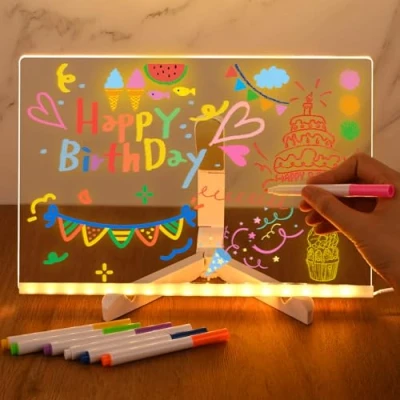 Immagine di Gaethra lavagna per appunti a LED con colori, luci LED, in acrilico trasparente, 20 x 30 cm, lavabile, 7 penne al neon, regalo creativo bambini, fidanzata