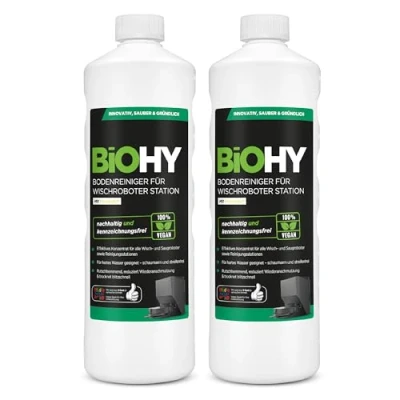 Immagine di BiOHY detergente per pavimenti robot, stazione con profumo fresco (2 x 1 litro), concentrato tutti i tipi di pulizia e robot aspirapolvere funzione bagnata, braccio schiuma