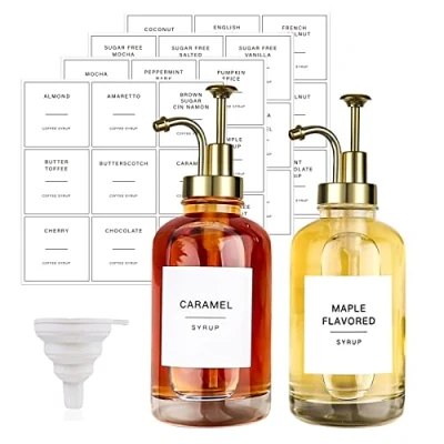Immagine di JinsenTGG Set di 2 Erogatori Sciroppo caffè con 36 Etichette, Erogatore a Pompa per Bar, Bottiglie Vetro Minimalista in Acero/caffè, Semplici, 16,9 oz 500 ml (Oro)
