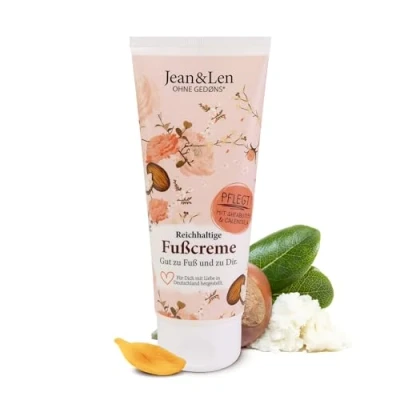 Immagine di Jean &amp; Len crema piedi burro di karité e calendula, per pelli secche stressate, nutre intensamente dona elasticità ai piedi, profumo rosmarino zenzero, senza parabeni siliconi, 100 ml