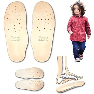Immagine di Solette Ortopediche Vera Pelle per Bambini con Supporto Arco Plantare e Rialzo Tallone in Lattice PRODOTTO ITALIANO Sottopiede Cuoio Antiodore Antisudore, Piedi Piatti Fascite (30 EU)