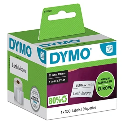 Immagine di DYMO LW etichette per badge piccole, 41 mm x 89 mm, rotolo da 300 facilmente staccabili, autoadesive, etichettatrici LabelWriter, originali