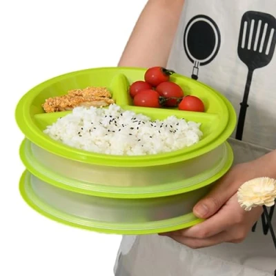 Immagine di Sporgo Set di 3 piatti da forno a microonde: stoviglie con coperchio, piatto microonde, senza BPA, riutilizzabili, contenitore salvafreschezza scomparti per il riscaldamento, congelamento (C)