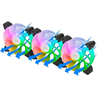 Immagine di MARSGAMING MF 3AR, Kit 3x Ventole 120mm FDB, Pale Invertite, Illuminazione ARGB 360 Senza Telaio, Anello Completa, PC con Compatibilità Totale ARGB, Doppio Connettore, Nero