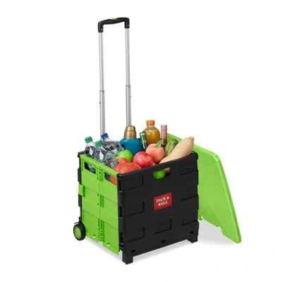 Immagine di Relaxdays Carrello per Spesa Pieghevole, 35 kg Max, Manico Telescopico e Coperchio, Carrellino Portaspesa, Verde Nero, Plastica, Alluminio, 99 x 45,5 37,5 cm
