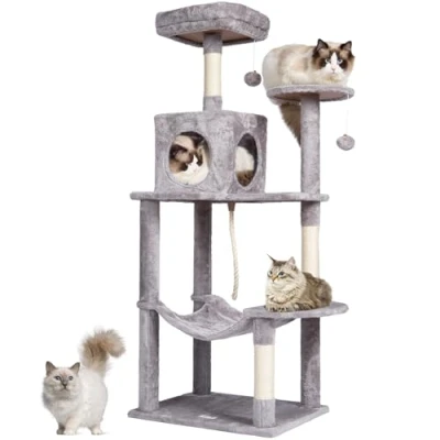 Immagine di VEVOR Albero per gatti da interno, torre 142,7 cm con condominio gatti, tiragraffi in sisal, amaca, posatoio superiore, piattaforme di salto, grande casa palla appesa,