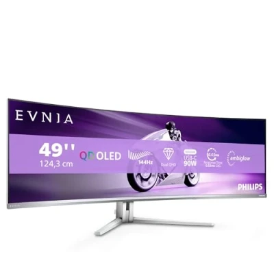 Immagine di PHILIPS Evnia 49M2C8900LA Monitor da gioco curvo OLED DQHD 49 pollici, 144 Hertz, 0,03 ms GtG, HDR400, Ambiglow (5120x1440, HDMI 2.1, DisplayPort 1.4, USB C, Hub USB) bianco