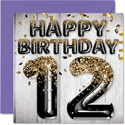 Immagine di Stuff4 Biglietto di auguri per il 12 compleanno ragazzi, con palloncini glitterati neri e dorati, biglietti anni, figlio, fratello, nipote, cugino, 145 mm x