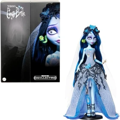 Immagine di Monster High Skullector Emily La sposa cadavere, bambola da collezione con abito in tela di ragno stile gotico, velo effetto mussola, accessori e piedistallo inclusi, JDR67