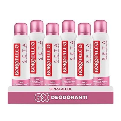 Immagine di Borotalco Deodorante Seta, Profumo di Talco e Fiori Rosa, Donna Spray con a Cristalli Attivi, Tripla Protezione Asciutta per 48 Ore, Senza Alcool 6 Flaconi da 150 ml