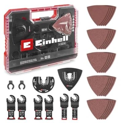 Immagine di Originale Einhell XL PLUS CASE Set multiutensile per legno da 35 pezzi (lame taglio a tuffo CV, lama semitonda HCS, piastra di supporto Delta, carta vetrata legno, adattatore Dremel)