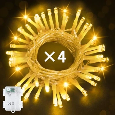 Immagine di Bowfar Catena luminosa per esterni, 5 m, 50 LED, luce bianca calda, con timer da 6 ore, IP65, impermeabile, interni, feste, Natale, attività all&#039;aperto (4 pezzi, cavo trasparente)