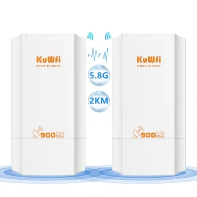 Immagine di KuWFi Ponte WiFi Ethernet 5GHz 900Mbps, 2KM Outdoor Point to Bridge, PtP/PtMP Long Distance Ponte, 12dBi Wireless CPE, IP65 impermeabile, Utilizzato in Magazzini Cantieri Farm Garage