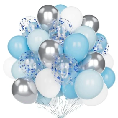 Immagine di Palloncini Feste Blu Bianchi Argento, 60 Pezzi 12 Pollici Pastello Azzurro Opaco Argento Metallizzato con Coriandoli per Decorazioni Compleanno Matrimonio Baby Shower