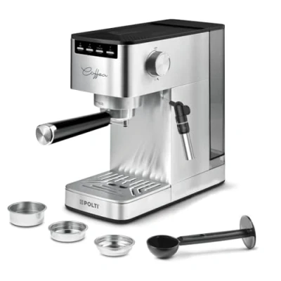 Immagine di Polti Coffea P10S, Macchina Manuale per Caffè Espresso e Cappuccino, Compatibile con Macinato Cialde E.S.E. 44 mm, Steamymilk Montare il Latte, Serbatoio Removibile da 1,3L, Colore Argento