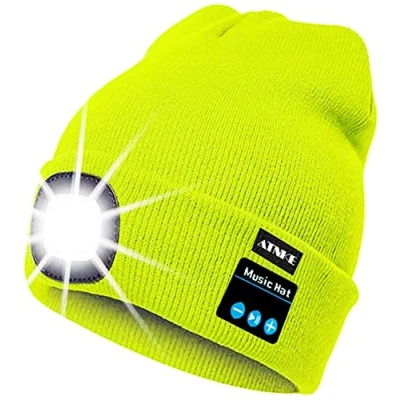 Immagine di ATNKE Berretto Bluetooth con LED Illuminato, USB Ricaricabile Wireless Musicale Cappello da Corsa Ultra Bright 4 Impermeabile Lampada Uso per Sci Escursionismo (Giallo Fluorescente)