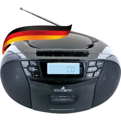 Immagine di SCHWAIGER 658026 Lettore CD con cassette e Radio MP3 Connessione USB FM Cuffie AUX Boombox Funzionamento a rete batteria Display portatile nero