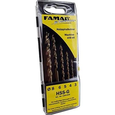 Immagine di Famag 1594.835 1594835 Set di 5 Punte elicoidali, Diametro 3 8, HSS G, per Tutti i Materiali Legno, con Cassetta in plastica, Colore: Grigio