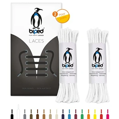 Immagine di biped LACES 2 paia di lacci rotondi in cotone ¿ mm sottili premium per scarpe e stivali pelle resistenti agli strappi lavabili made EU z2900(bianco,45 cm)