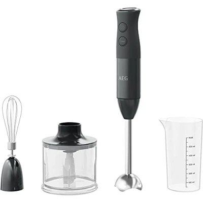 Immagine di AEG HB4 1 6GG Miscelatore a immersione con accessori, potenza 600 W, 10 velocità, funzione Turbo, mini tritatutto, braccio battitore, vetro graduato 0,6 l, tazza lavabile in lavastoviglie, senza