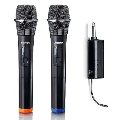 Immagine di Lenco Set microfono wireless MCW 020 microfoni con ricevitore spina da 6,5 ​​mm batteria integrata 2000nAH portata fino a 15 metri 863,5 MHz nero 020BK