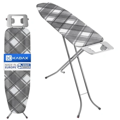 Immagine di KADAX Asse da Stiro Pieghevole 114 x 34 cm, Tavola Salvaspazio con Altezza Regolabile, Supporto per Ferro e Copriasse in Cotone (Grigio scuro)