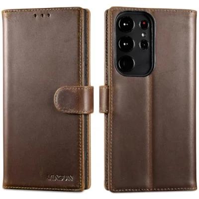 Immagine di Lensun Cover per Samsung Galaxy S23 Ultra, Flip Custodia in Vera Pelle [RFID Antifurto] Libro con Portafoglio Chiusura Magnetico Cuoio Ultra 5G Marrone Scuro Retrò