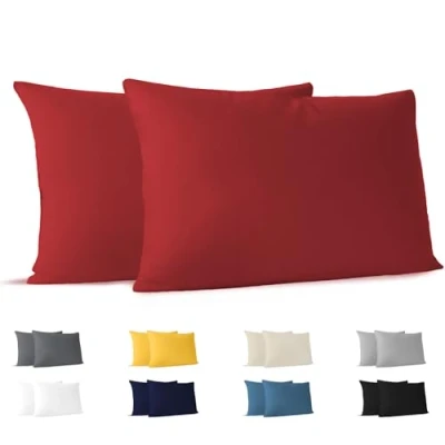 Immagine di Dreamzie Federa Cuscino 40x70 (Set di 2) Rosso per i Cuscini 40 x 70 cm 100% Jersey Cotone da Copri Letto Fodera Protezione