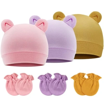 Immagine di DRESHOW Cappelli per neonato Guanti Set Cappello ospedale Beanie Orecchie da orso Cappellini neonati in cotone bambini antigraffio 0 6 mesi