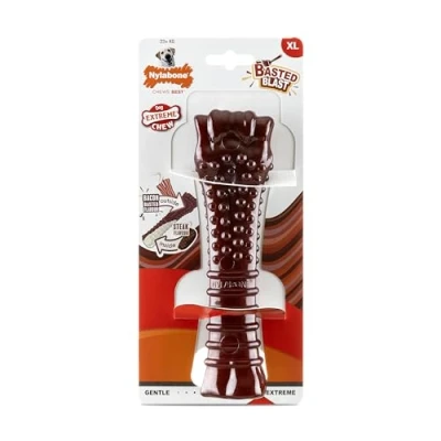Immagine di Nylabone, Basted Blast, Gommoso molto forte, Gioco Per cani in nylon, Forma dell&#039;osso, Osso da masticare resistente, Gusto: pancetta e bistecca, Extra large, di peso superiore a 23 kg