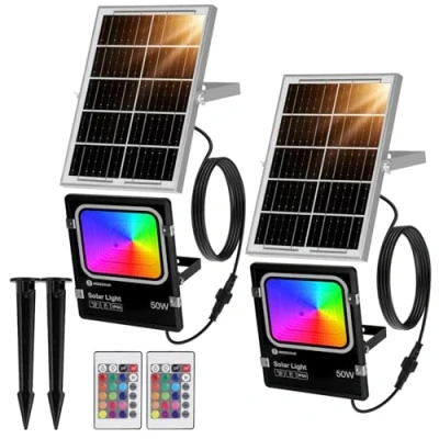 Immagine di Aigostar 50W Faro LED Esterno RGB con Telecomando, 4000mAh Batteria di Grande Capacità e Pannello Solare. Faretti Solari per Interni, Giardini, Cortili, Portici, Impermeabile IP66, 2 Unità