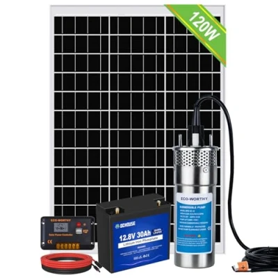 Immagine di DCHOUSE kit pompa pozzo solarecon batteria di backup, acqua in acciaio inossidabile da 12V + pannello solare 120W 30Ah controller 20A, per pozzo, irrigazione
