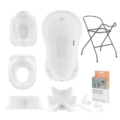Immagine di Hylat Baby Set 7: vasca da bagno per bambini con telaio, seduta bagno, tubo di scarico, riduttore WC, vasino, sgabello stabile e confortevole Colore: Bianco, Design: Yeti
