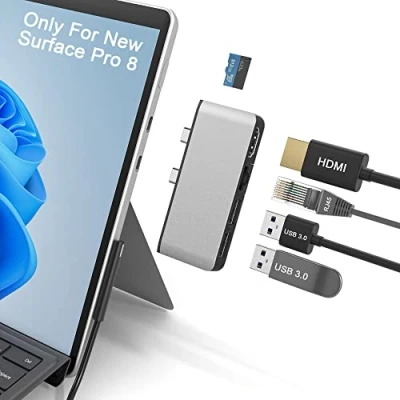 Immagine di Surface Pro 8 Hub con 4K HDMI Adattatore +100M Ethernet LAN +USB 3.0 porta* 2 + Micro SD (TF) lettore di schede USB per Microsoft