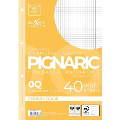 Immagine di Pigna 02194590Q, Ricambio con Banda Rinforzata, Rigatura 0Q, quadretti 5 mm margine per 2 e 3 elementare, Carta 80g/mq, Pacco da 40 Fogli