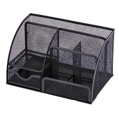 Immagine di RICOO Organizer Scrivania Multifunzione, Modello B001 B, Portapenne da con 6 Scomparti e Cassetto, in Ferro Verniciato a Polvere, Ideale per Ufficio Casa, 22x14x13 cm