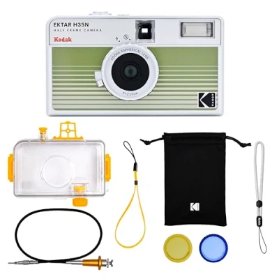 Immagine di KODAK EKTAR H35N Half Frame Film Camera Kit Premium, 35 mm, riutilizzabile, senza messa a fuoco, lampadina, filtro stella, obiettivo rivestito (pellicola e batteria AAA non incluse) (Verde rigato)