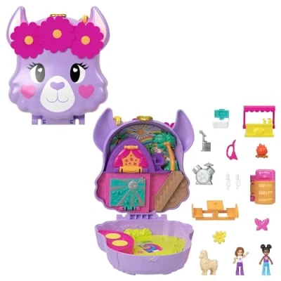 Immagine di Polly Pocket Cofanetto Lama Avventura in Campeggio, con 2 micro bambole e 13 accessori, giocattolo tascabile da viaggio, per bambini 4+ anni, HKV33