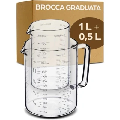 Immagine di Brocca graduata in Vetro 1L &amp; 0,5L Resistente al Calore e Microonde Scala Precisa Ideale per Cuocere, Cucinare Miscelare